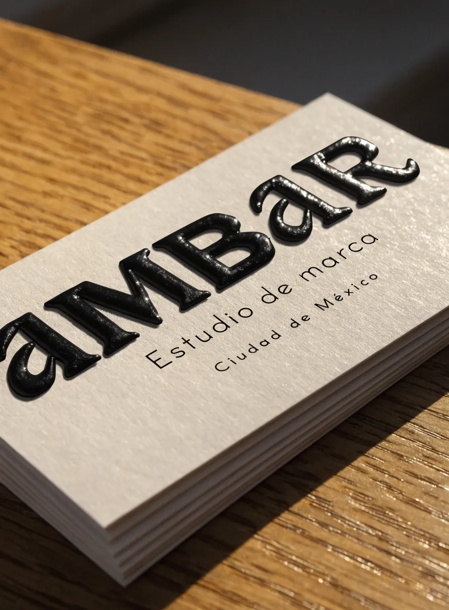 fajo de tarjetas color crema sobre una mesa de roble con la palabra AMBAR en termograbado negro brillante y en relieve que atrapa la luz