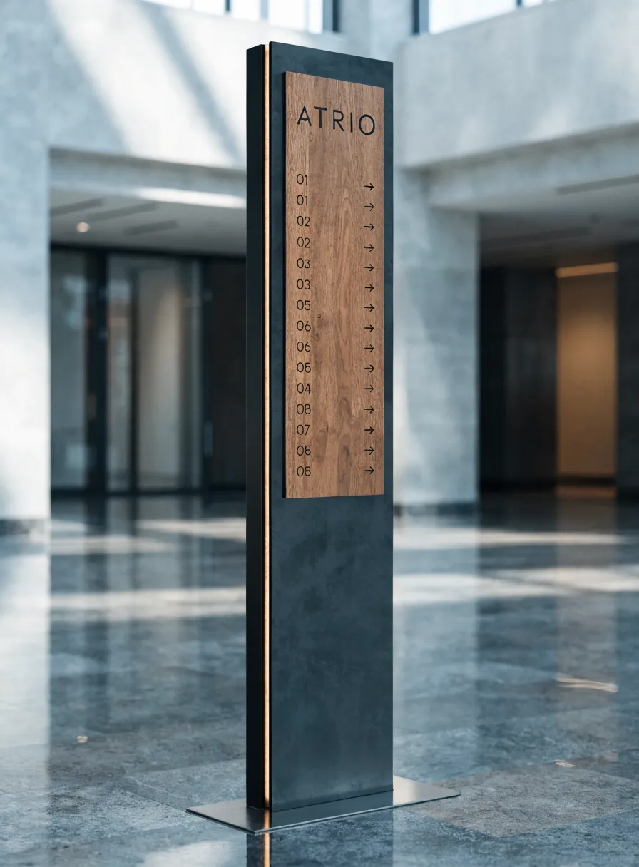 tótem directorio de piso en metal oscuro y panel de nogal con la marca ATRIO y un listado de pisos, en un lobby de mármol