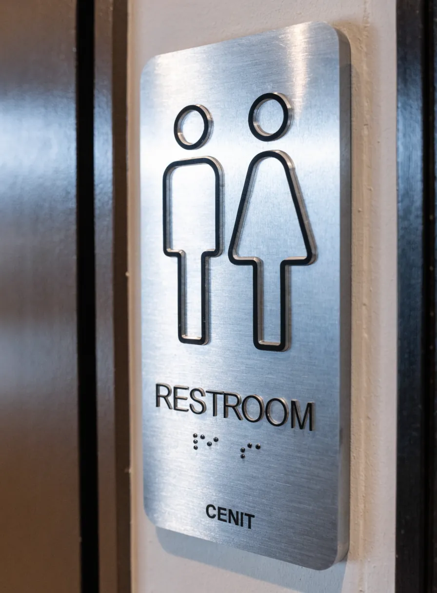 señal de baño en aluminio cepillado con pictogramas de hombre y mujer, la palabra RESTROOM en braille y el nombre de la marca ficticia CENIT, montada junto a una puerta