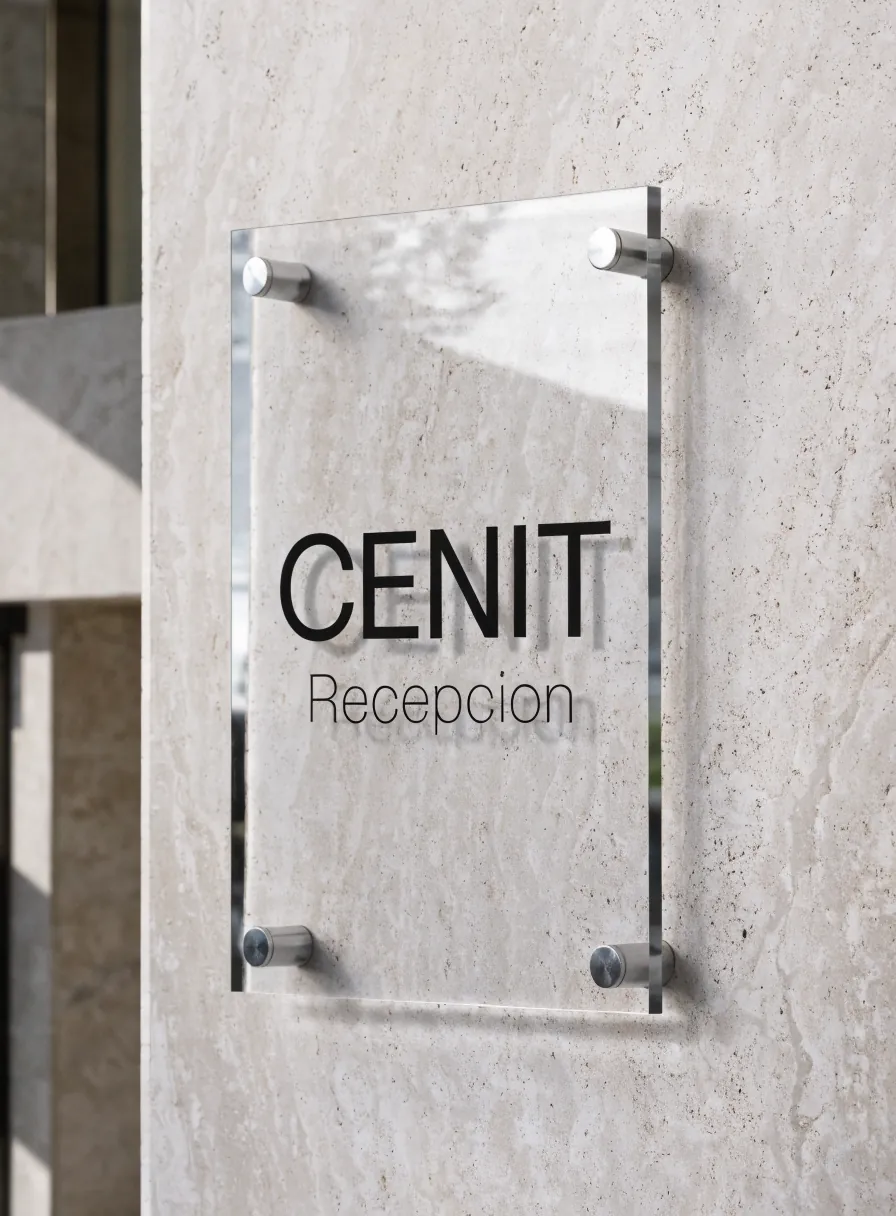 placa de recepción en acrílico transparente montada con separadores de acero sobre un muro de travertino, con la marca CENIT y la palabra Recepción