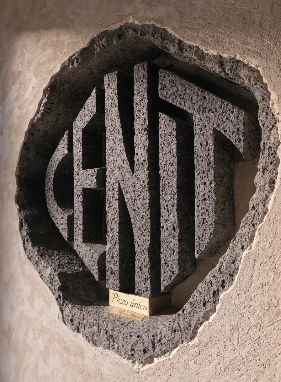 monograma de la marca ficticia CENIT tallado en un solo bloque de piedra volcánica, encajado en un nicho hecho a la medida del muro, con una placa de latón que dice Pieza única
