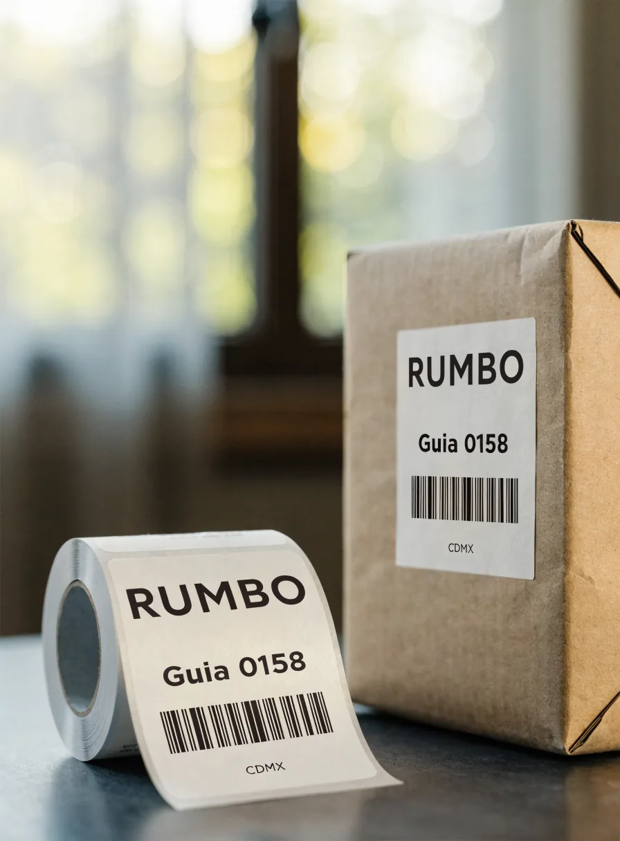 rollo de etiquetas de envío en papel térmico junto a una caja kraft con la etiqueta puesta, que muestra la marca Rumbo, el texto Guía 0158, un código de barras y la palabra CDMX