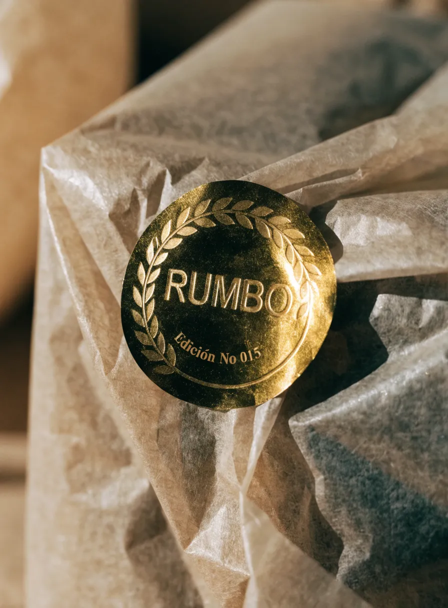 sello adhesivo redondo en foil dorado con corona de laurel, la marca Rumbo en relieve y el texto Edición No 015, puesto sobre papel de seda arrugado que envuelve un paquete