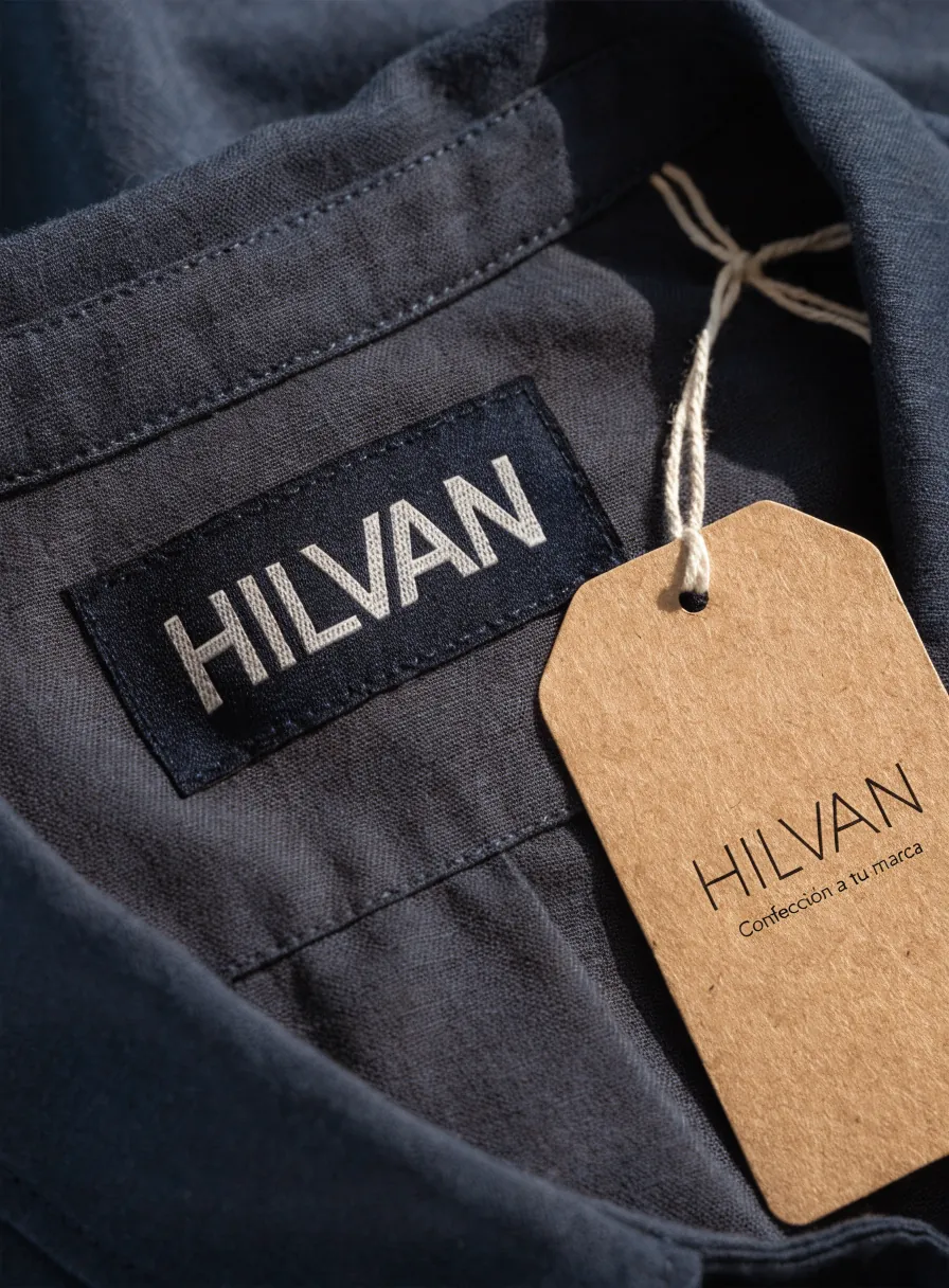 acercamiento a una etiqueta tejida azul marino con la marca HILVAN al cuello de una prenda, junto a un hangtag de cartón kraft que dice HILVAN Confección a tu marca