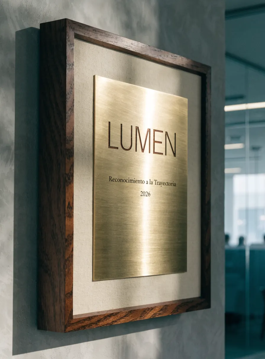 placa de latón enmarcada en madera montada en el muro de una oficina, grabada LUMEN Reconocimiento a la Trayectoria 2026