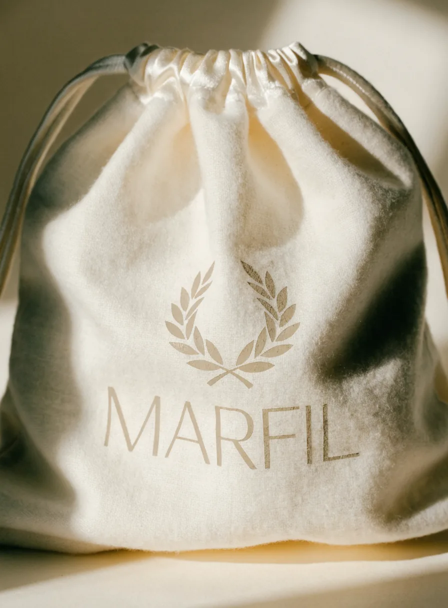 funda antipolvo de tela de franela color marfil con cordón de ajuste y el emblema de laurel con la marca MARFIL impreso al frente