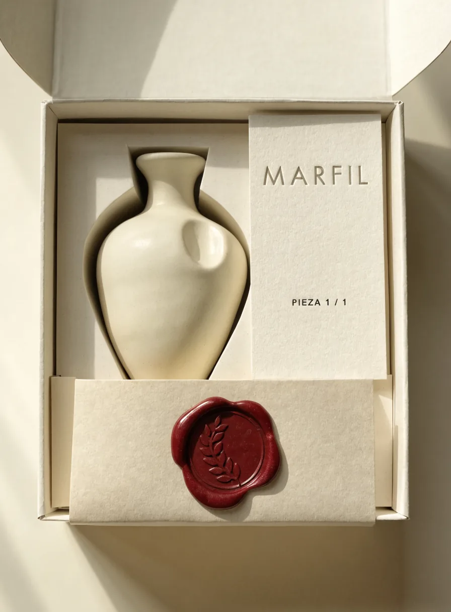 caja marfil abierta que revela una pieza de cerámica anidada en un inserto troquelado a su medida, junto a una tarjeta que dice MARFIL pieza uno de uno y un sello de lacre vino recién roto
