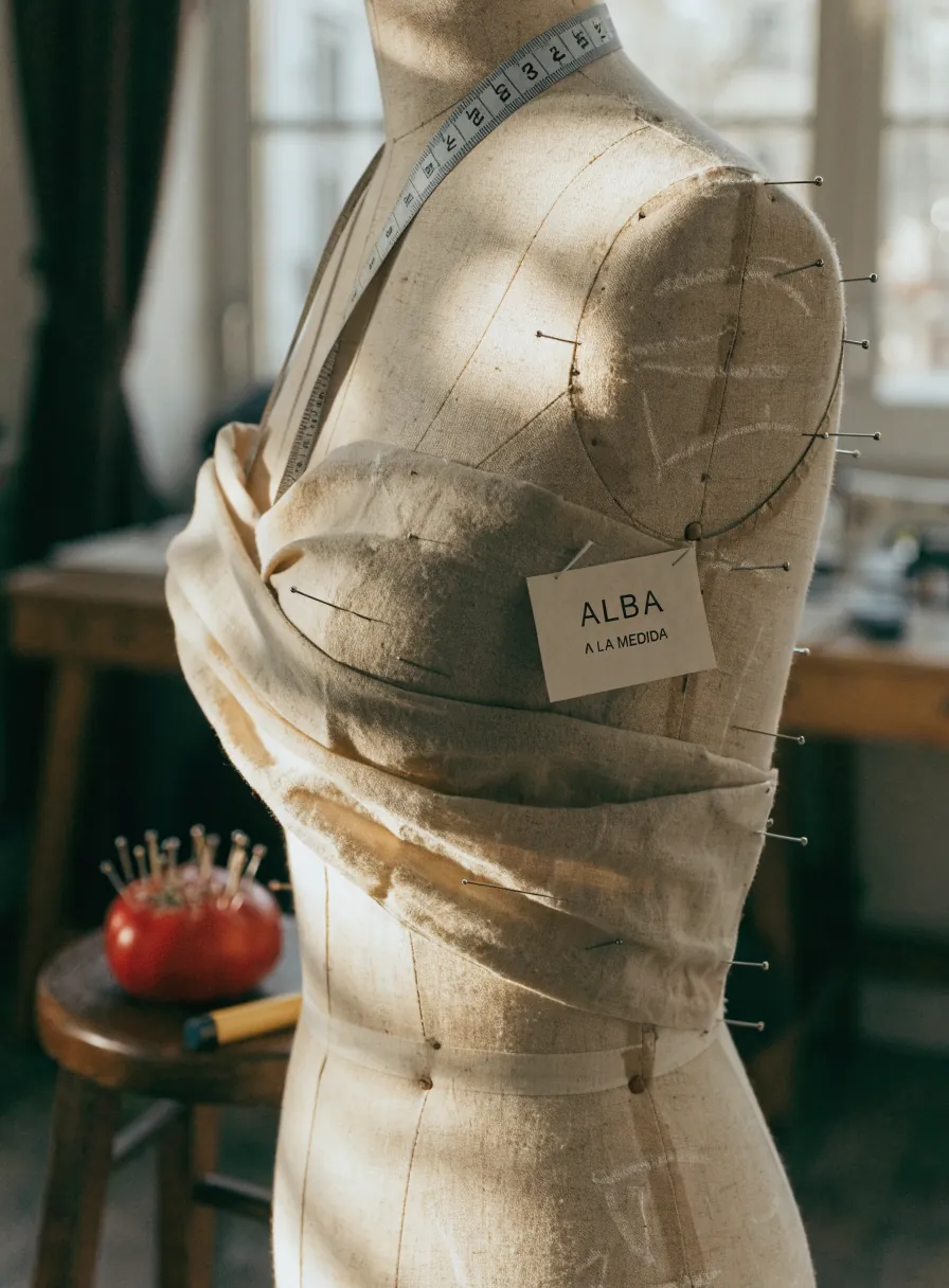 prueba en manta de un vestido montada sobre maniquí de sastre con alfileres marcando las pinzas y la etiqueta de taller Alba a la medida