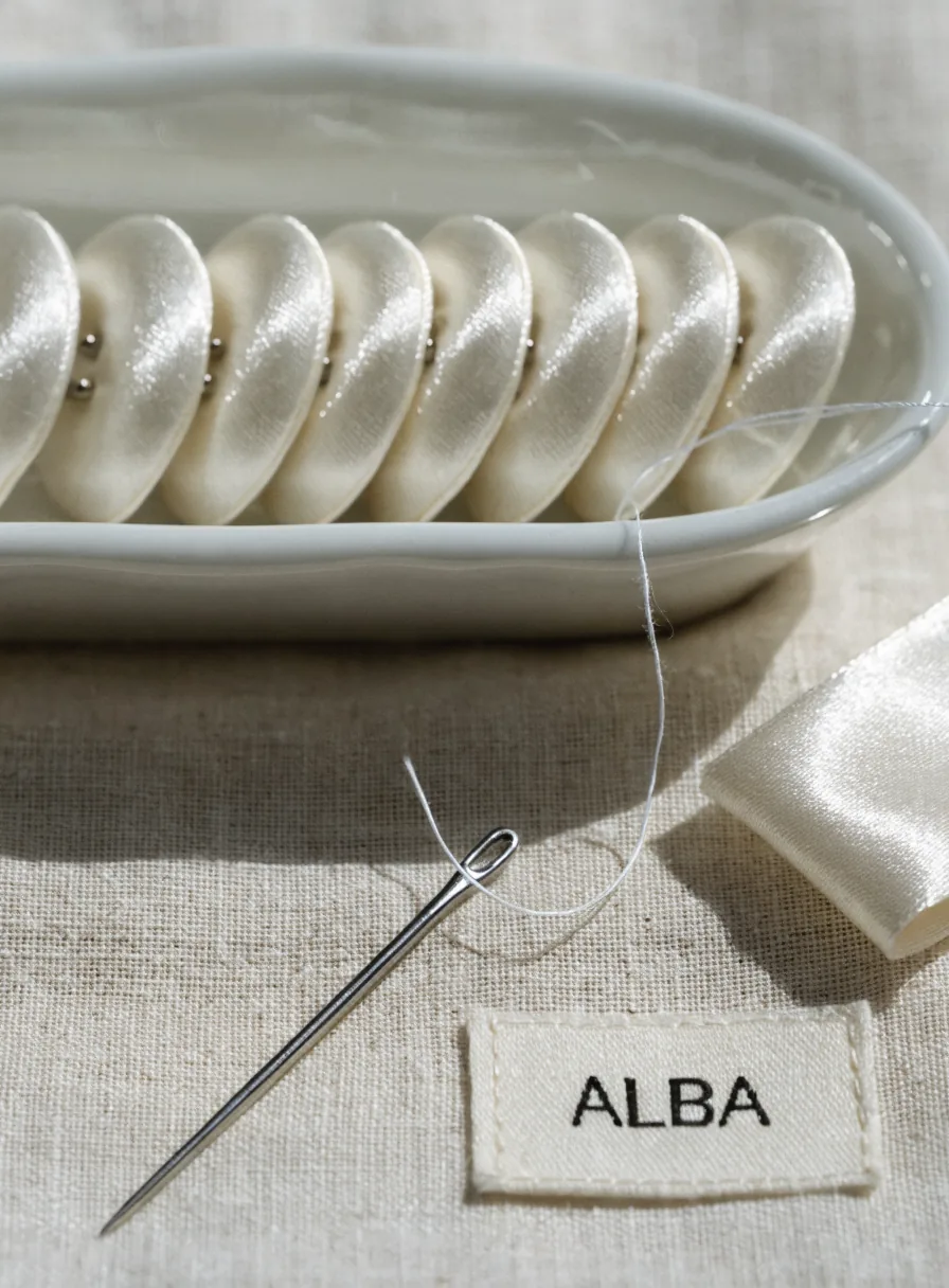 hilera de botones forrados a mano en raso marfil dentro de un platón de porcelana, con una aguja enhebrada y una tira de tela a juego, junto a una etiqueta tejida ALBA