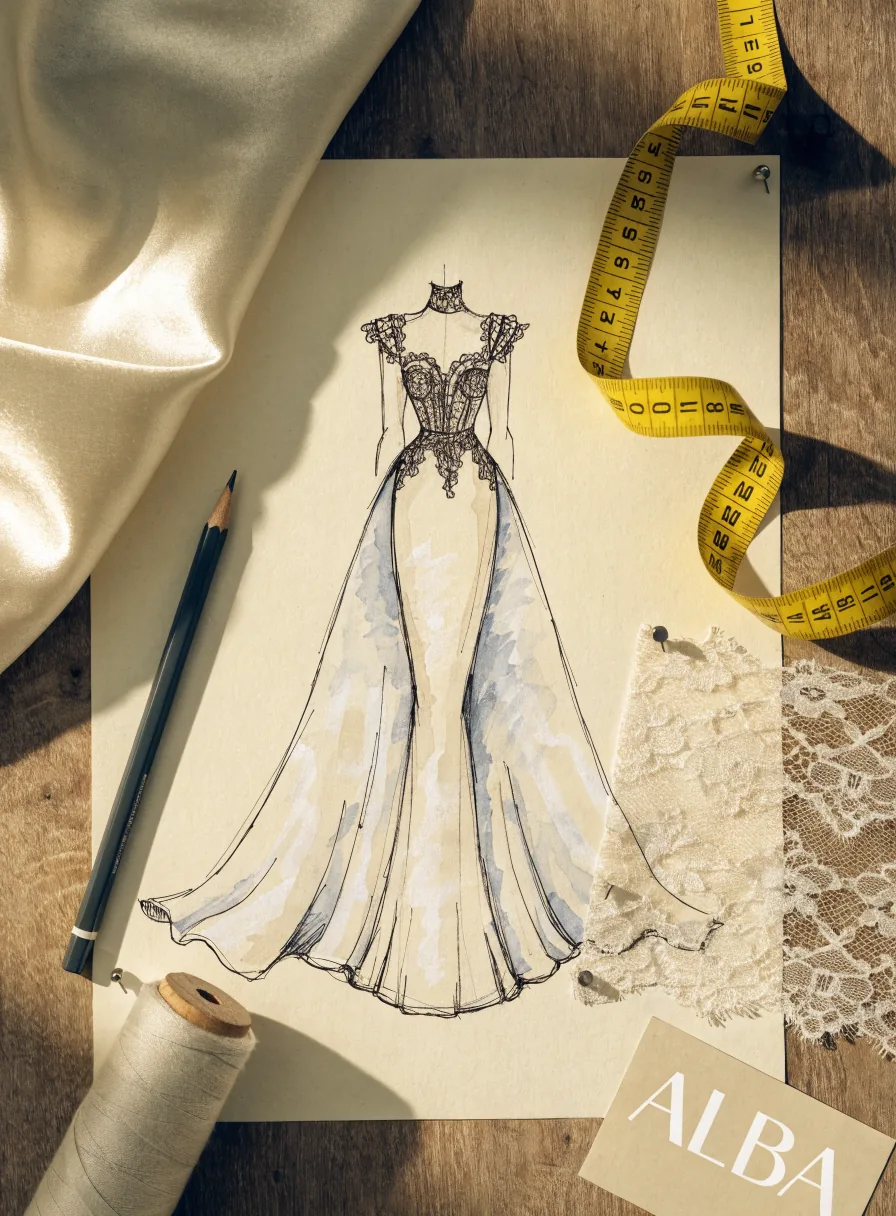 boceto de alta costura de un vestido de noche en tinta y acuarela sobre papel crema, rodeado de muestras de tela de raso y encaje, un lápiz, un carrete de hilo y una cinta métrica, con una tarjeta ALBA