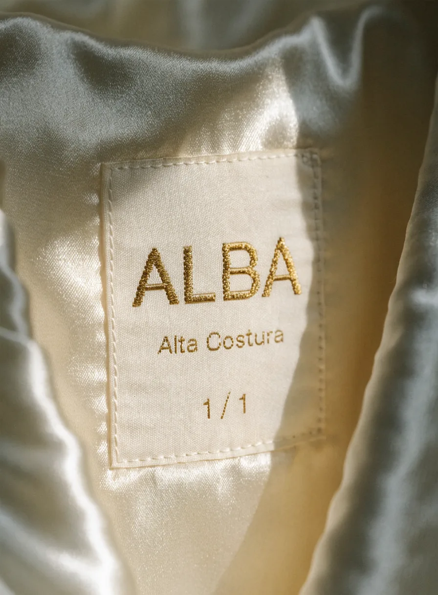 acercamiento macro a una etiqueta tejida cosida a mano en el forro de raso marfil de un vestido, con la palabra ALBA sobre la línea Alta Costura y la edición 1 de 1 bordadas en hilo dorado