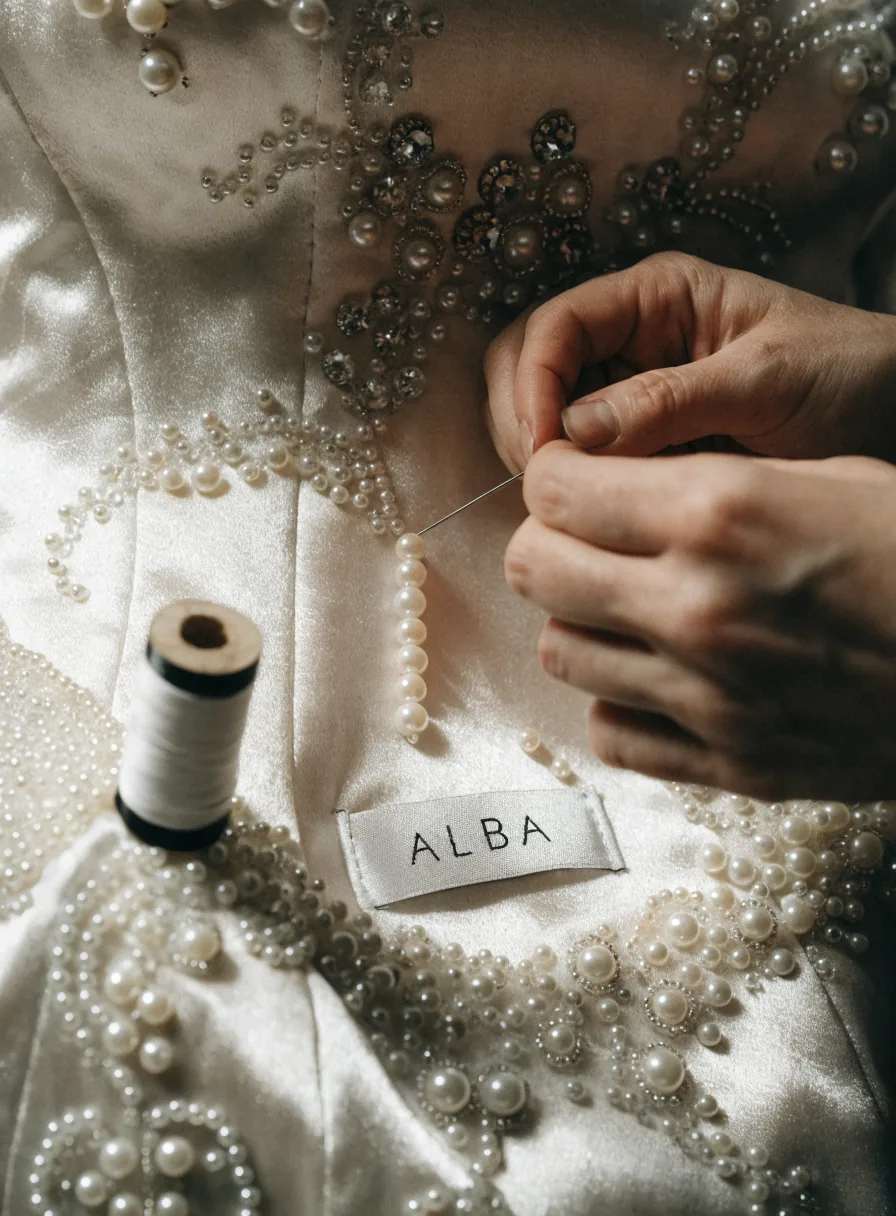 acercamiento macro a un corpiño de novia de alta costura en raso marfil, bordado a mano con perlas y pedrería mientras dos manos cosen con aguja e hilo, con carrete de hilo y etiqueta tejida ALBA