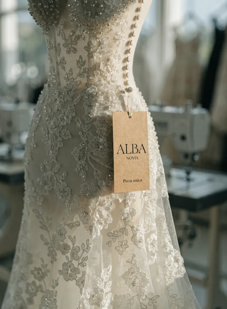 vestido de novia de encaje bordado con pedrería y botones forrados en la espalda, con una etiqueta de papel kraft que dice ALBA novia, pieza única