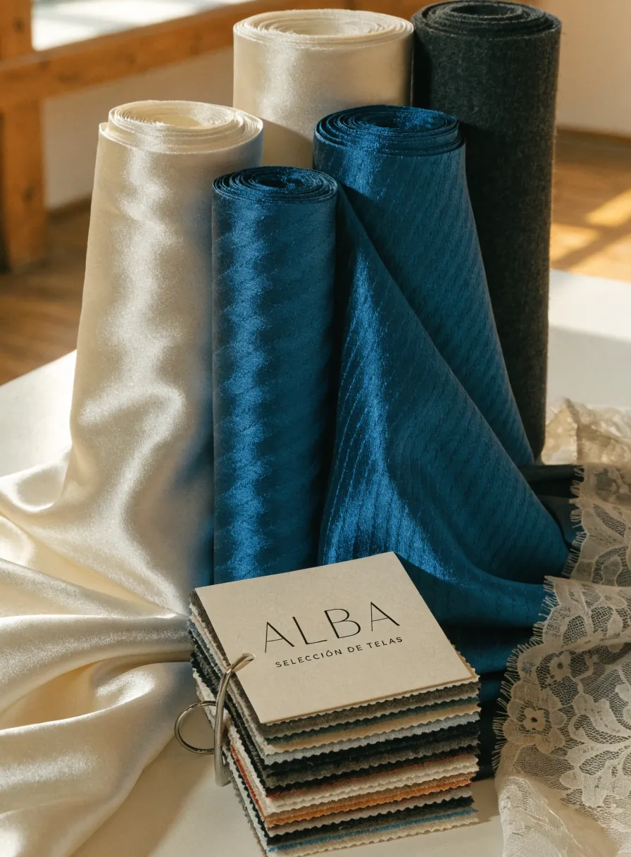 rollos de tela de raso marfil, jacquard azul y lana gris junto a un muestrario ALBA selección de telas con anillo metálico y encaje