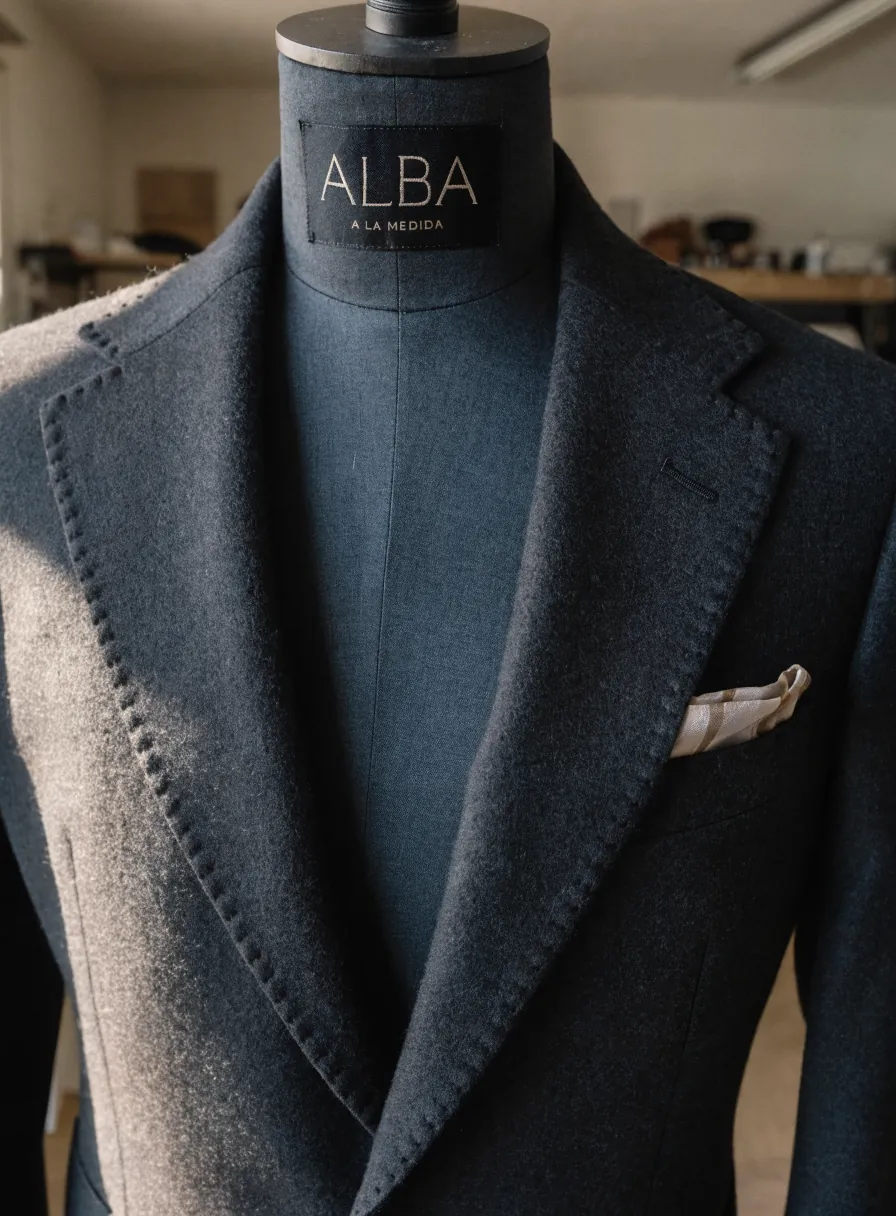 saco de traje de lana azul marino sobre un maniquí, con solapa de pico rematada con pespunte a mano y pañuelo de bolsillo, etiqueta ALBA a la medida