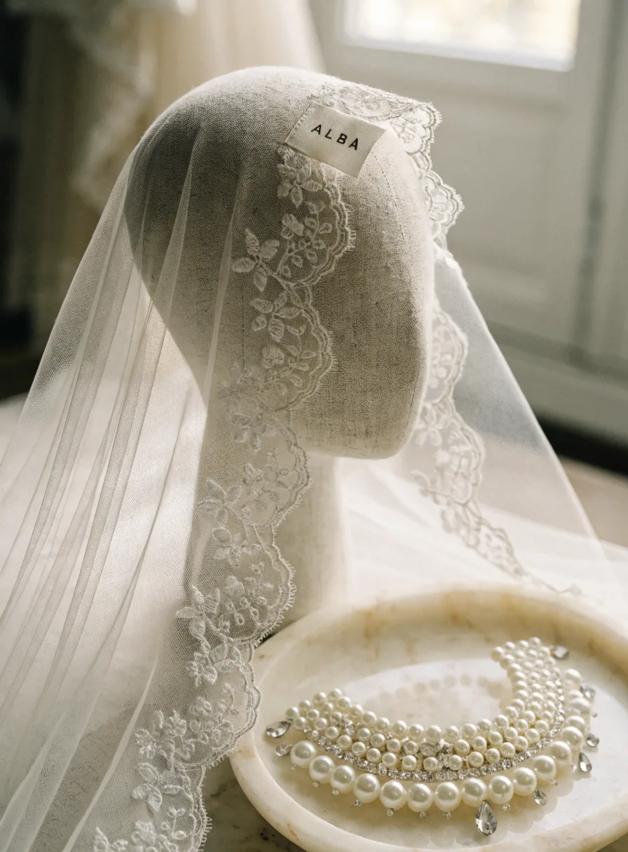 velo de novia de tul marfil con la orilla festoneada bordada en encaje sobre un busto de lino, junto a un tocado de perlas en una bandeja de mármol, con una etiqueta tejida ALBA