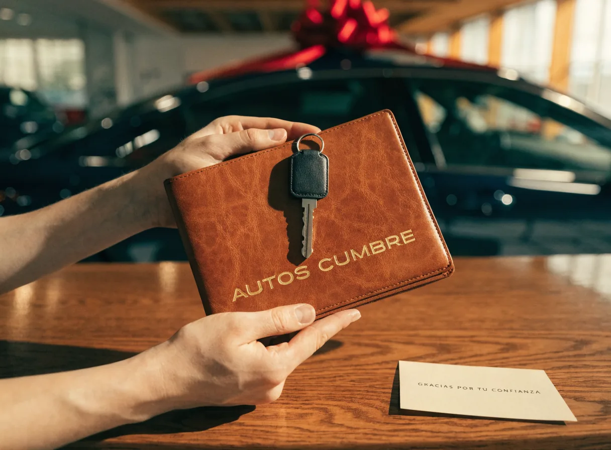 dos manos presentan una carpeta de entrega de piel cognac con la marca Autos Cumbre en foil dorado y la llave del auto sobre un llavero de piel encima, con un auto oscuro al fondo del piso de exhibición