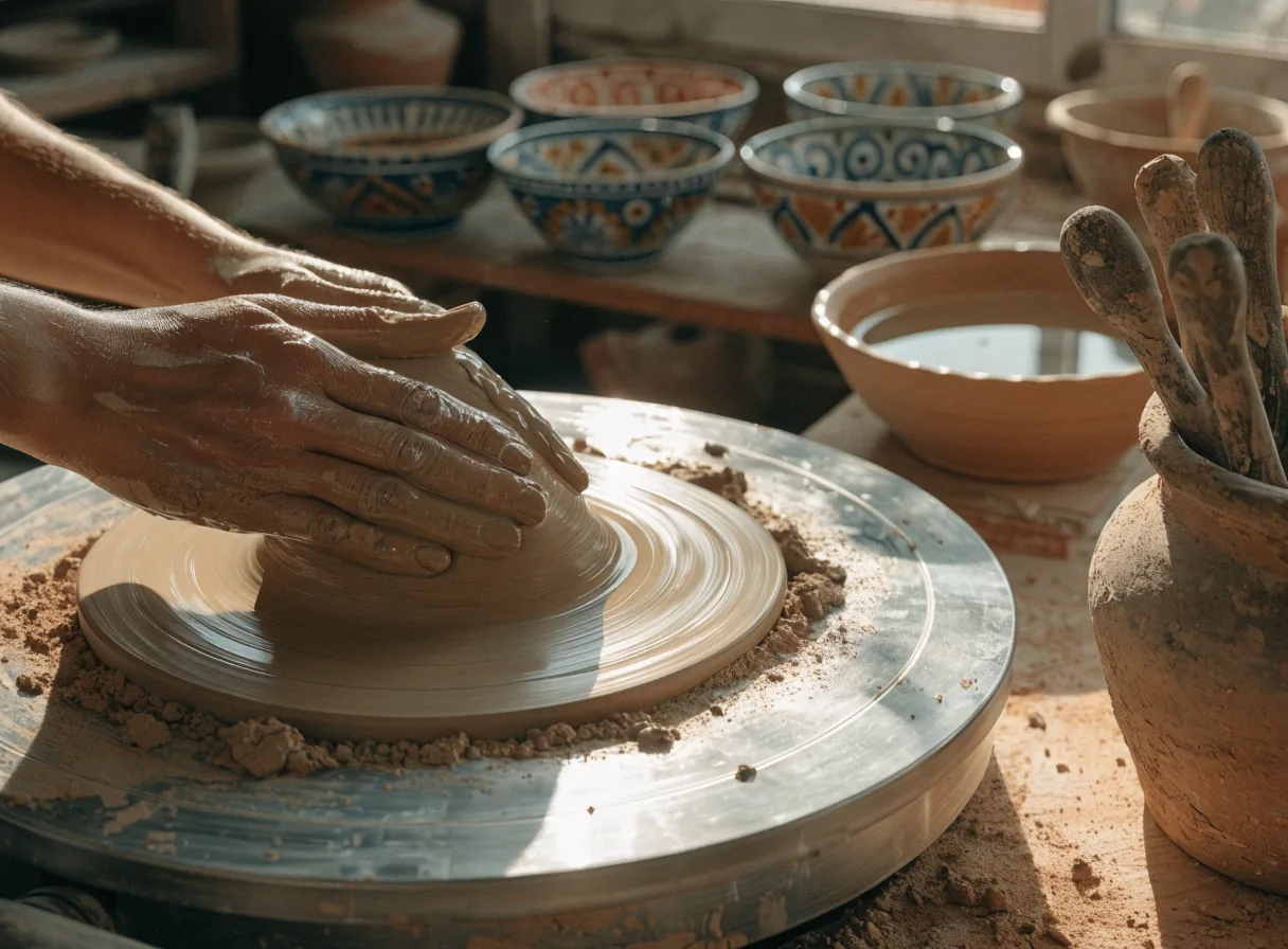 Las manos de un ceramista centran el barro húmedo sobre el torno en un taller con luz de ventana, con cuencos de talavera pintados a mano secándose en la repisa del fondo