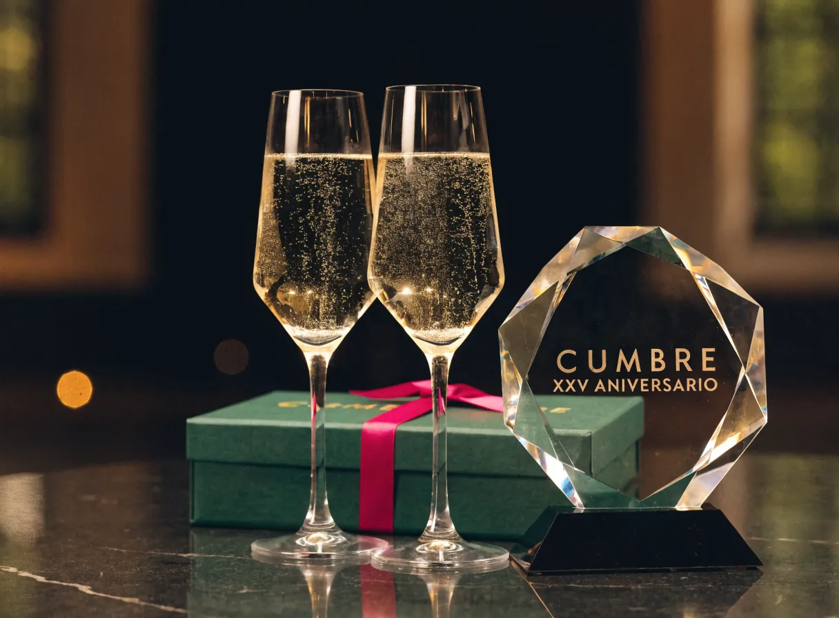 dos copas de vino espumoso, un reconocimiento de cristal grabado con Cumbre XXV Aniversario y una caja de regalo verde bosque con listón magenta sobre una mesa oscura pulida, con luces cálidas de fiesta al fondo
