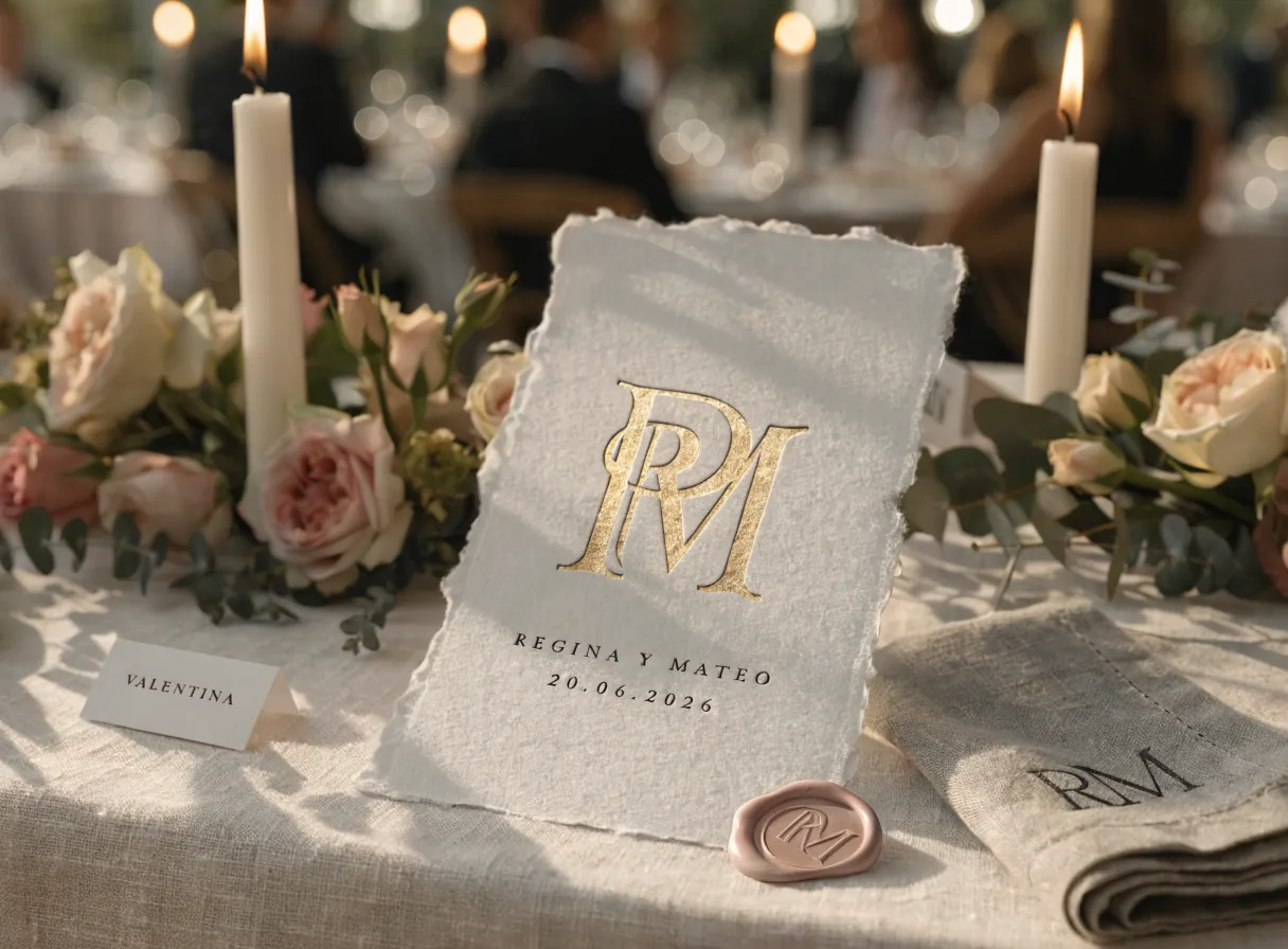 mesa de novios al atardecer con una invitación de papel de algodón y el monograma en foil dorado, un sello de cera, una servilleta de lino bordada y velas entre rosas y eucalipto