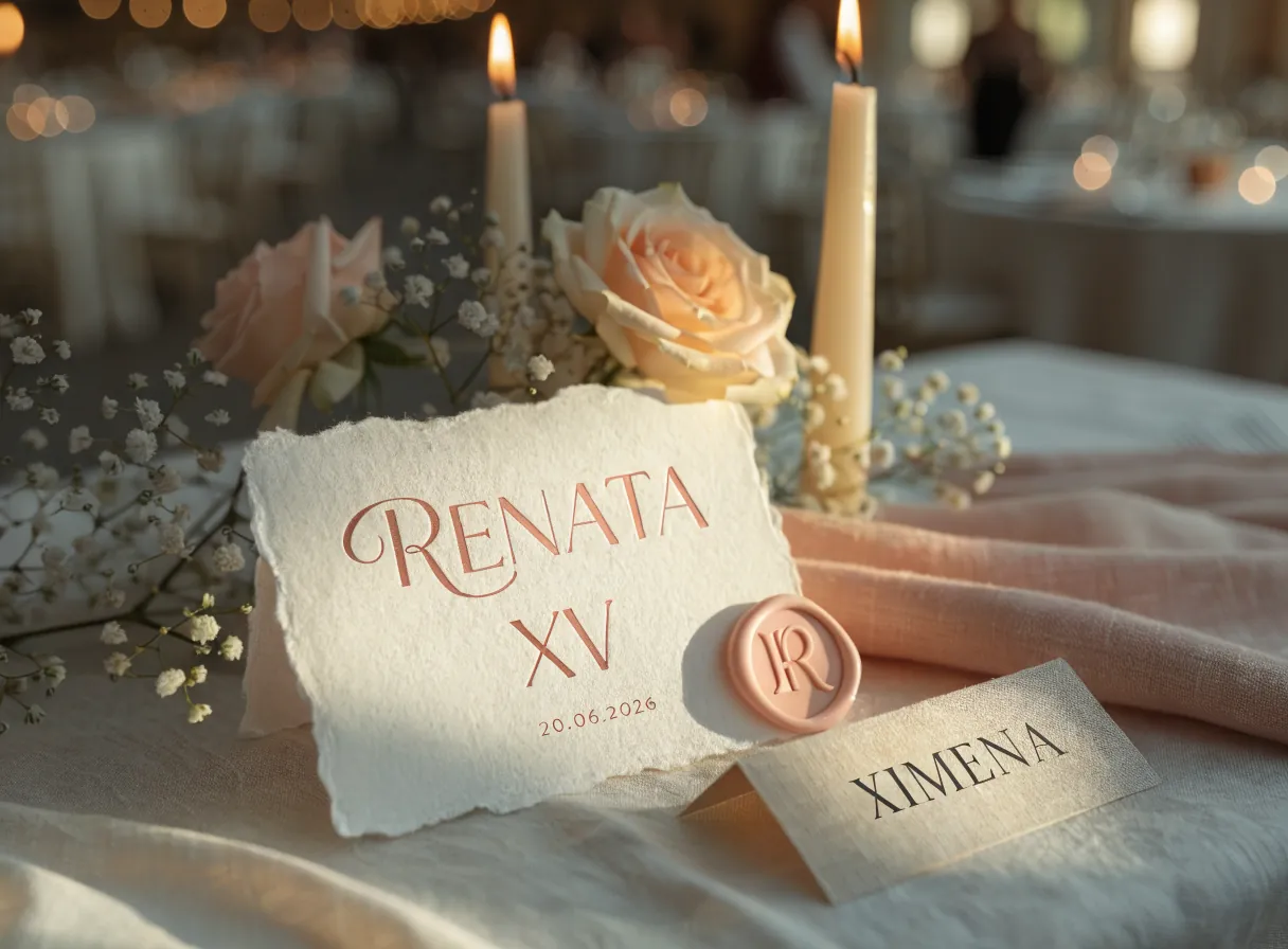 invitación de XV en papel de algodón hecho a mano con el nombre Renata en tinta rosa, un sello de cera con monograma y una tarjeta de lugar para cada invitado