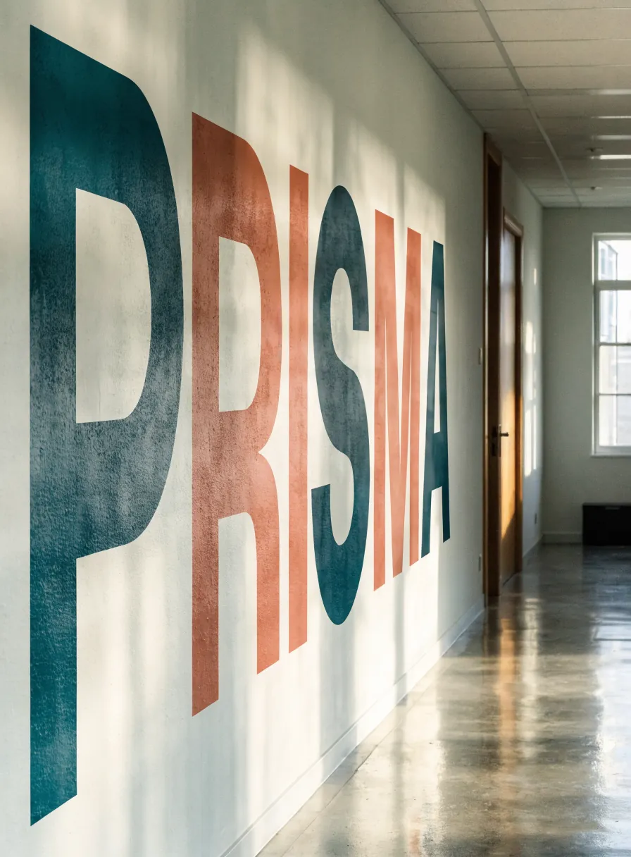 gráfica de pared tipográfica a gran escala con el nombre de la marca ficticia PRISMA en teal y terracota, vista en perspectiva sobre el muro de un pasillo de oficinas