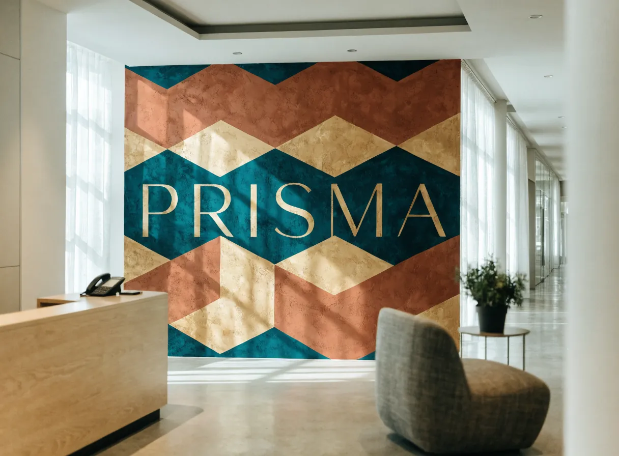 lobby corporativo con un mural geométrico a la medida en teal, terracota y oro que cubre el muro completo detrás de la recepción