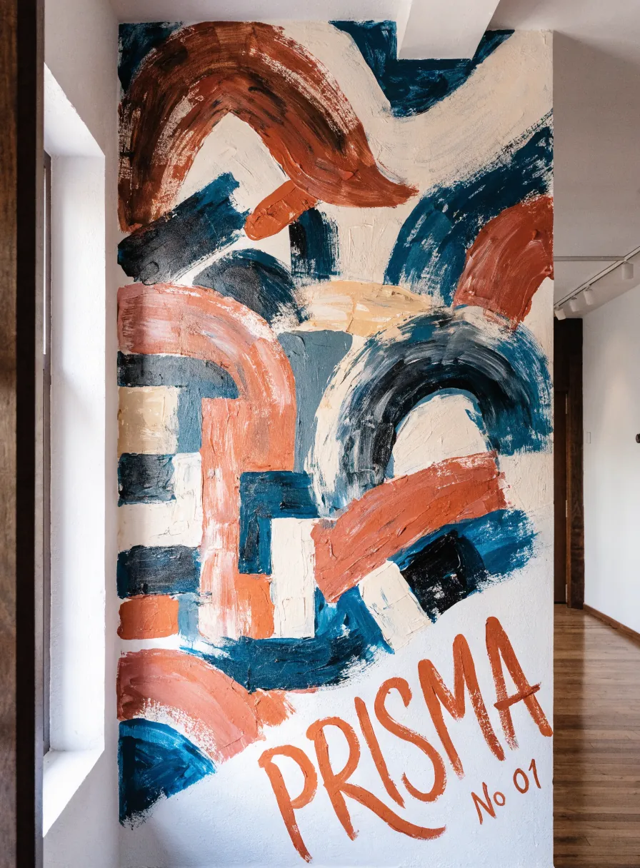 mural abstracto pintado a mano con pinceladas gruesas en terracota, azul marino y crema, firmado con el nombre de la marca ficticia PRISMA y la leyenda Nº 01 en un pasillo