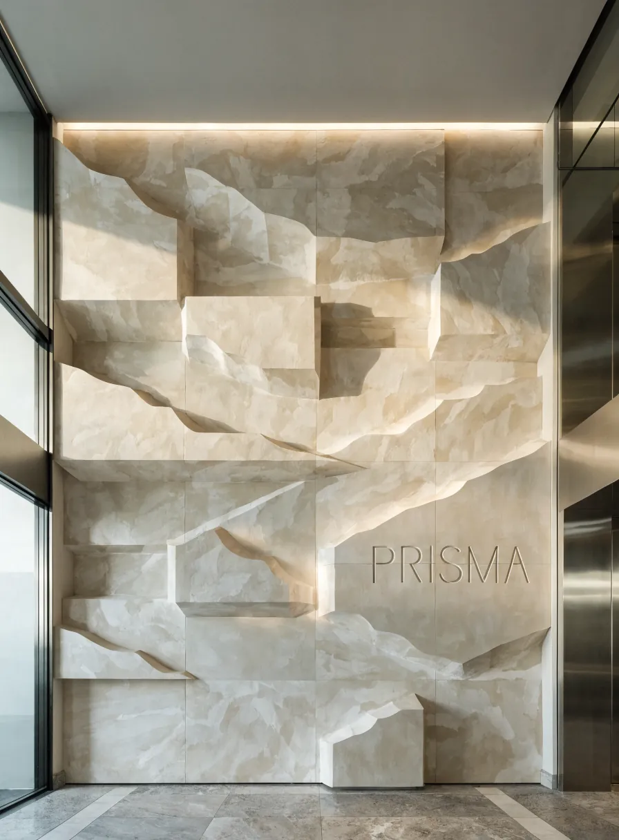 mural de paneles de piedra clara tallados en bajorrelieve con el nombre de la marca ficticia PRISMA grabado, iluminado por una luz de acento en el lobby de un corporativo