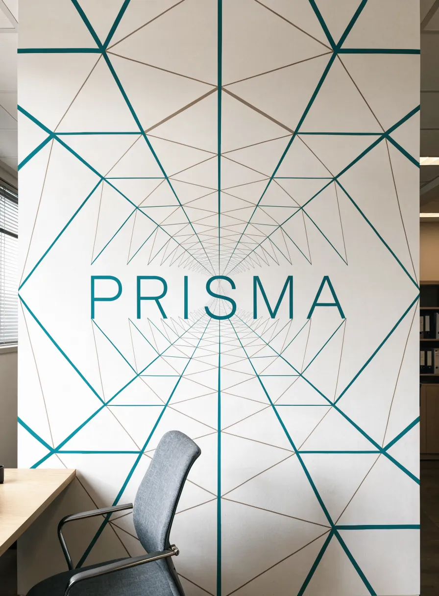 mural impreso en vinil con un patrón geométrico de líneas en teal y el nombre de la marca ficticia PRISMA sobre el muro blanco de una oficina, con una silla y un escritorio de madera al frente