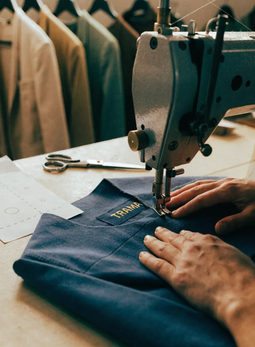 manos guían una prenda de mezclilla azul bajo la aguja de una máquina de coser industrial, con la etiqueta bordada TRAMA a la vista, tijeras de sastre y un patrón de papel sobre la mesa del taller