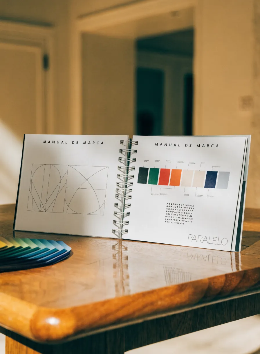 manual de marca de la firma ficticia PARALELO abierto sobre una mesa, con la retícula del logotipo en una página y la paleta de color en la otra, junto a un abanico de muestras impresas