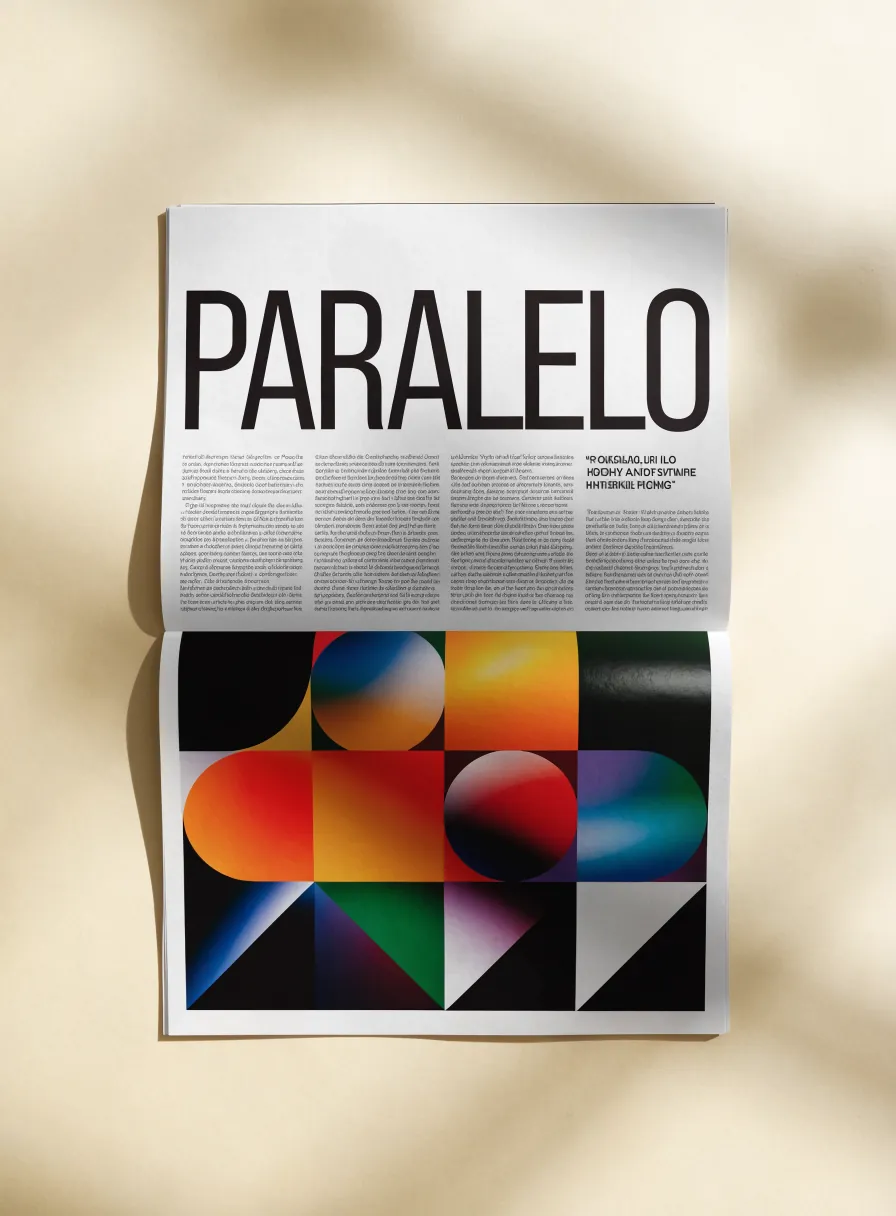 Revista abierta en un doble página sobre papel de arte, con un gran titular de una sola palabra