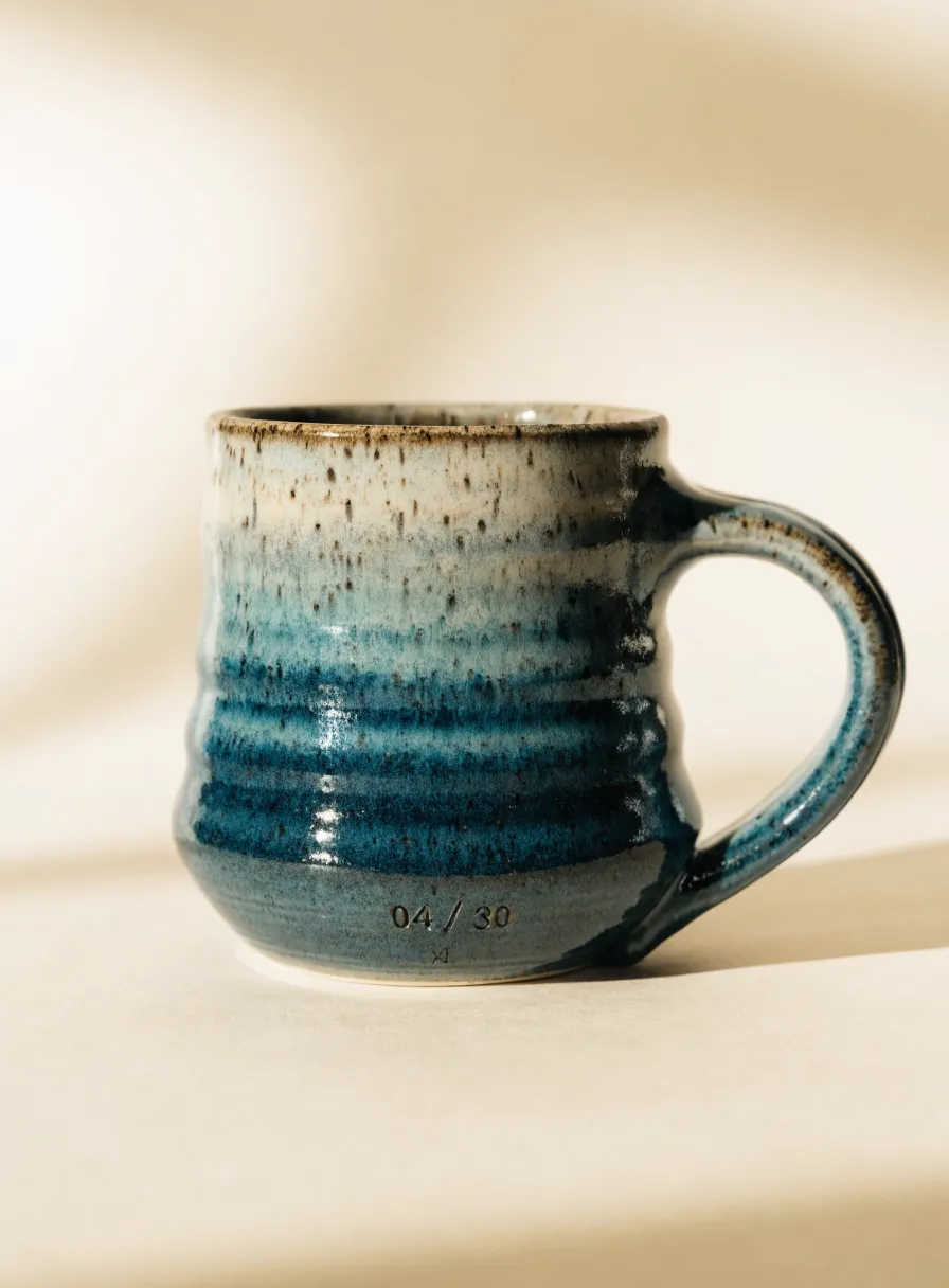 taza de gres torneada a mano con esmalte reactivo azul y numerada 04 de 30 en la base
