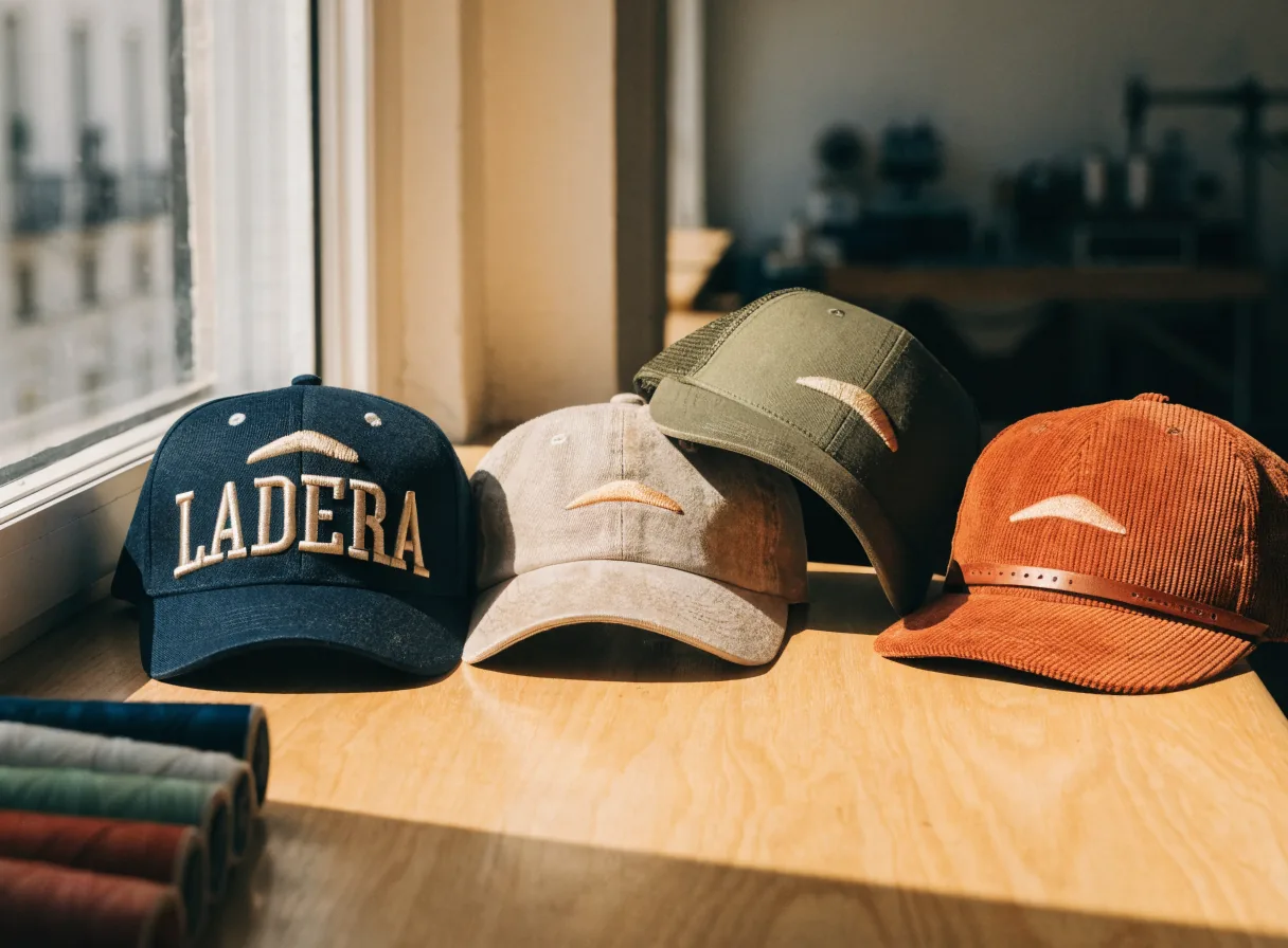 cuatro gorras bordadas de la marca ficticia LADERA sobre una mesa de roble junto a una ventana, una de sarga marino con la marca bordada al frente, una de algodón lavado en arena, una trucker de malla olivo y una de pana terracota con correa de piel, con carretes de hilo al borde del cuadro
