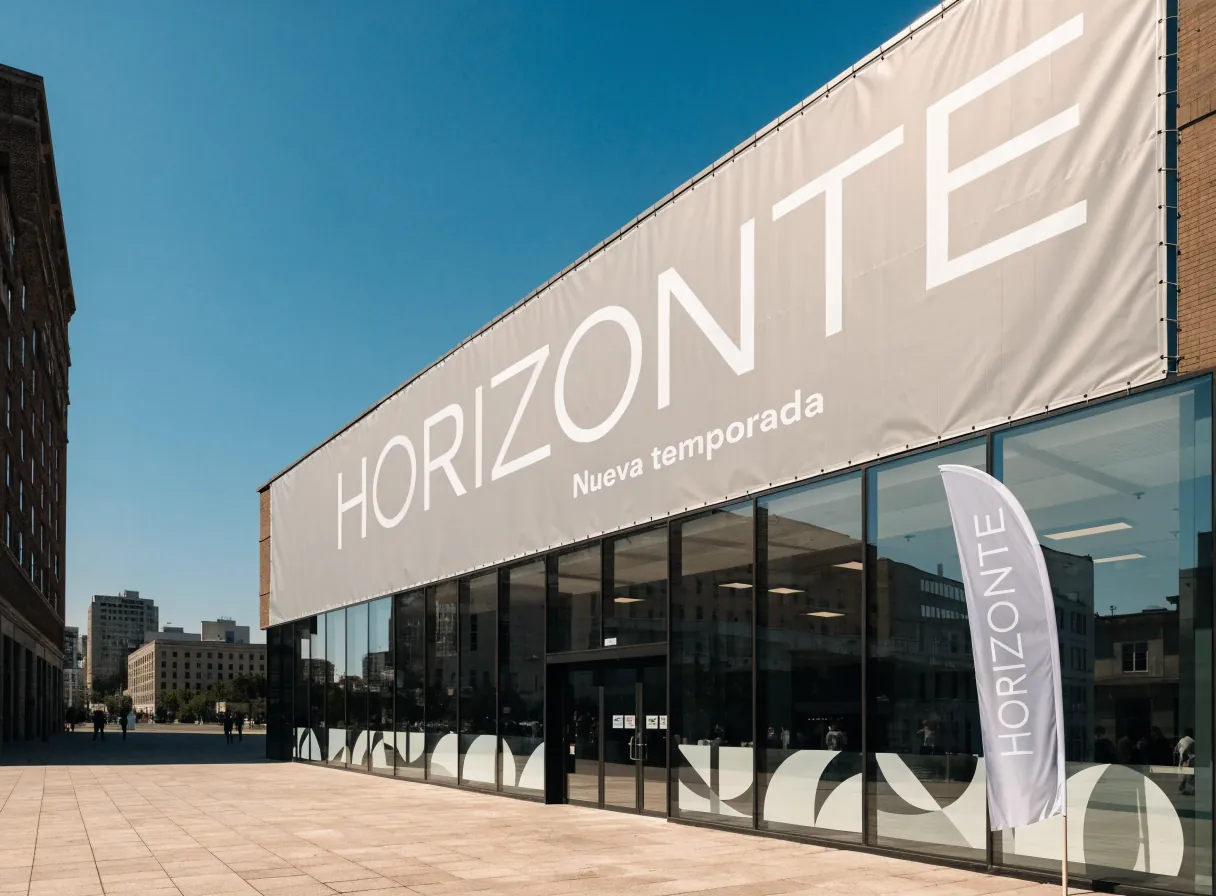 lona de gran formato con la marca HORIZONTE tensada en la fachada de un edificio bajo cielo azul