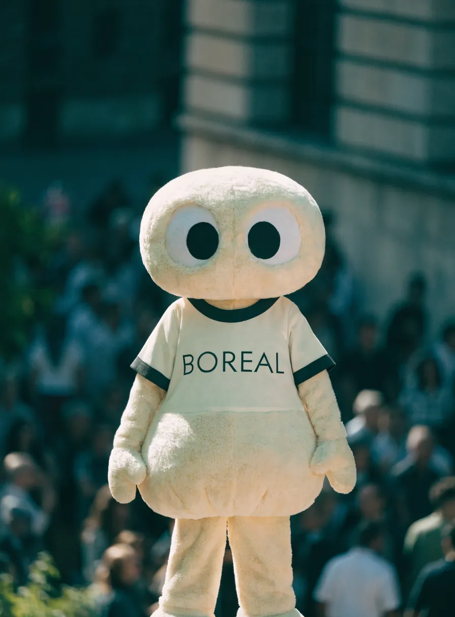 botarga de peluche color crema con dos ojos grandes y tu marca en la playera verde, parada frente a la gente de un evento