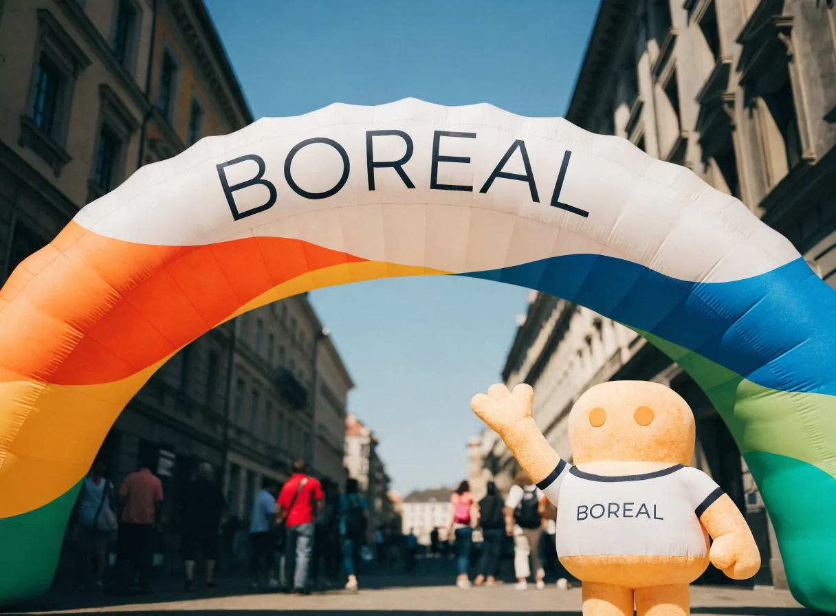 arco inflable de la marca BOREAL sobre una calle con público y una botarga saludando en la activación