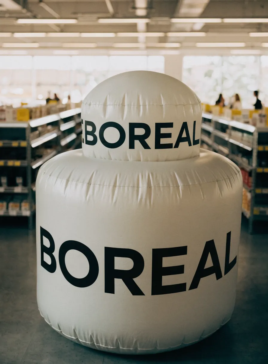 réplica inflable gigante en forma de envase blanco con tu marca, parada en el pasillo de una tienda con estantes al fondo