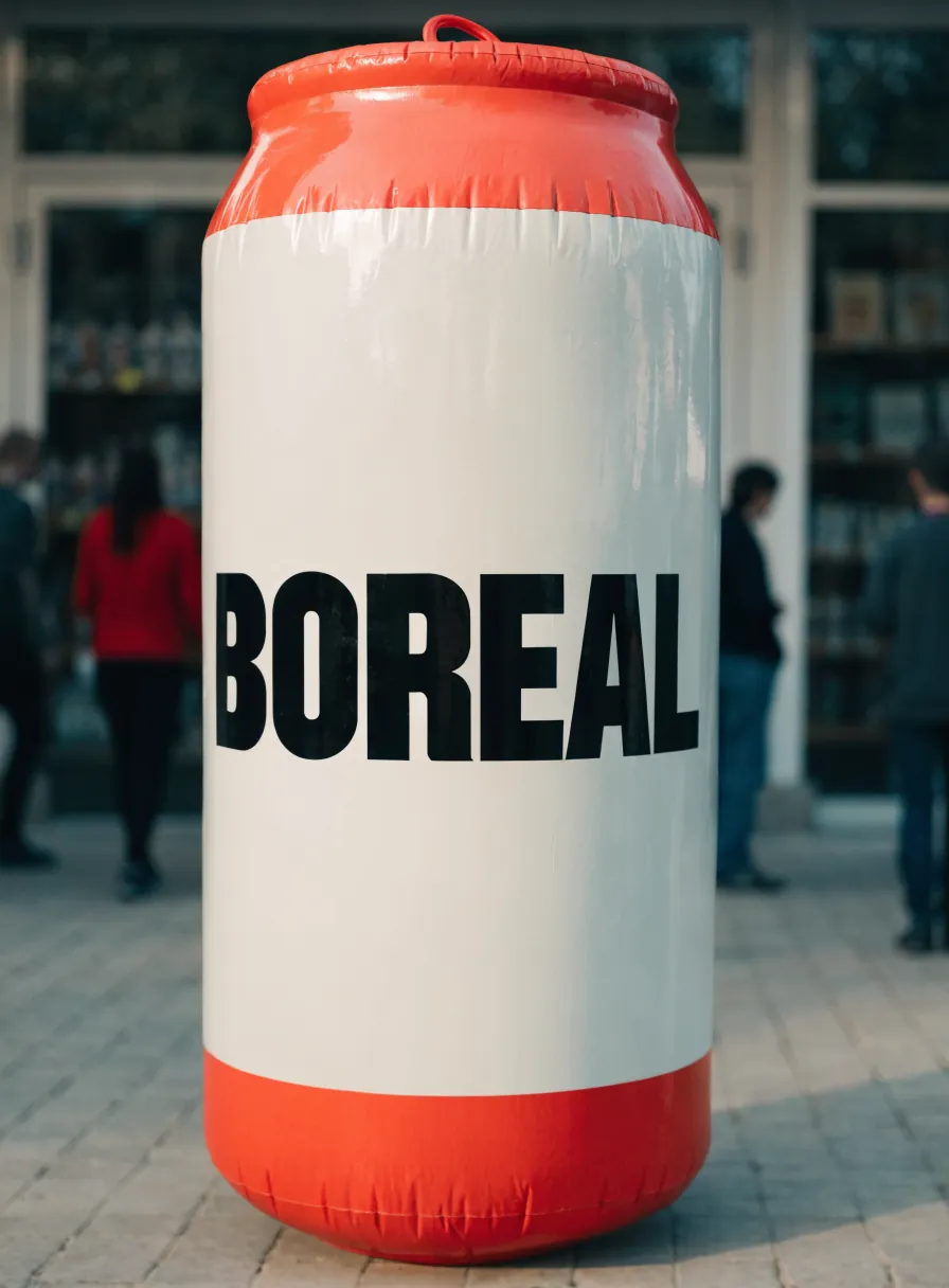 réplica inflable gigante de una lata de bebida con tu marca, en rojo y blanco, parada en el piso frente a una tienda
