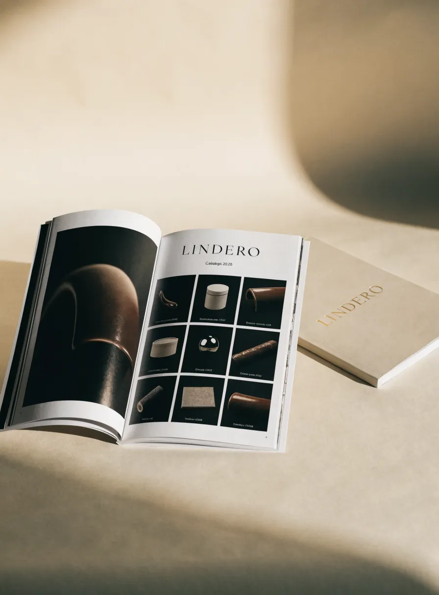 catálogo LINDERO abierto en una retícula de producto junto a un libro cerrado con el título en foil dorado, bajo luz cálida