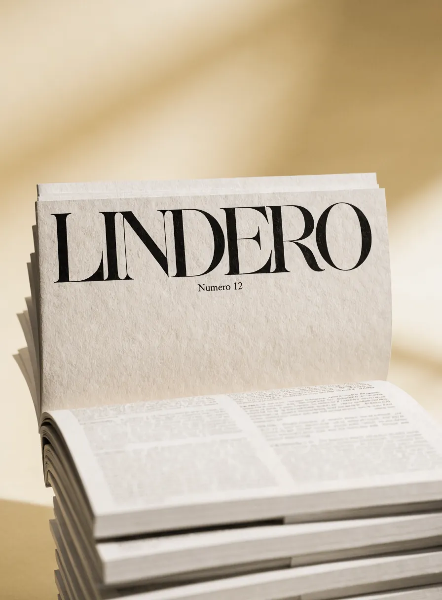 pila de revistas LINDERO de lomo cuadrado, con el número 12 y un gran título en serif elegante sobre papel texturizado color hueso, y una revista abierta abajo mostrando columnas de texto, con luz cálida