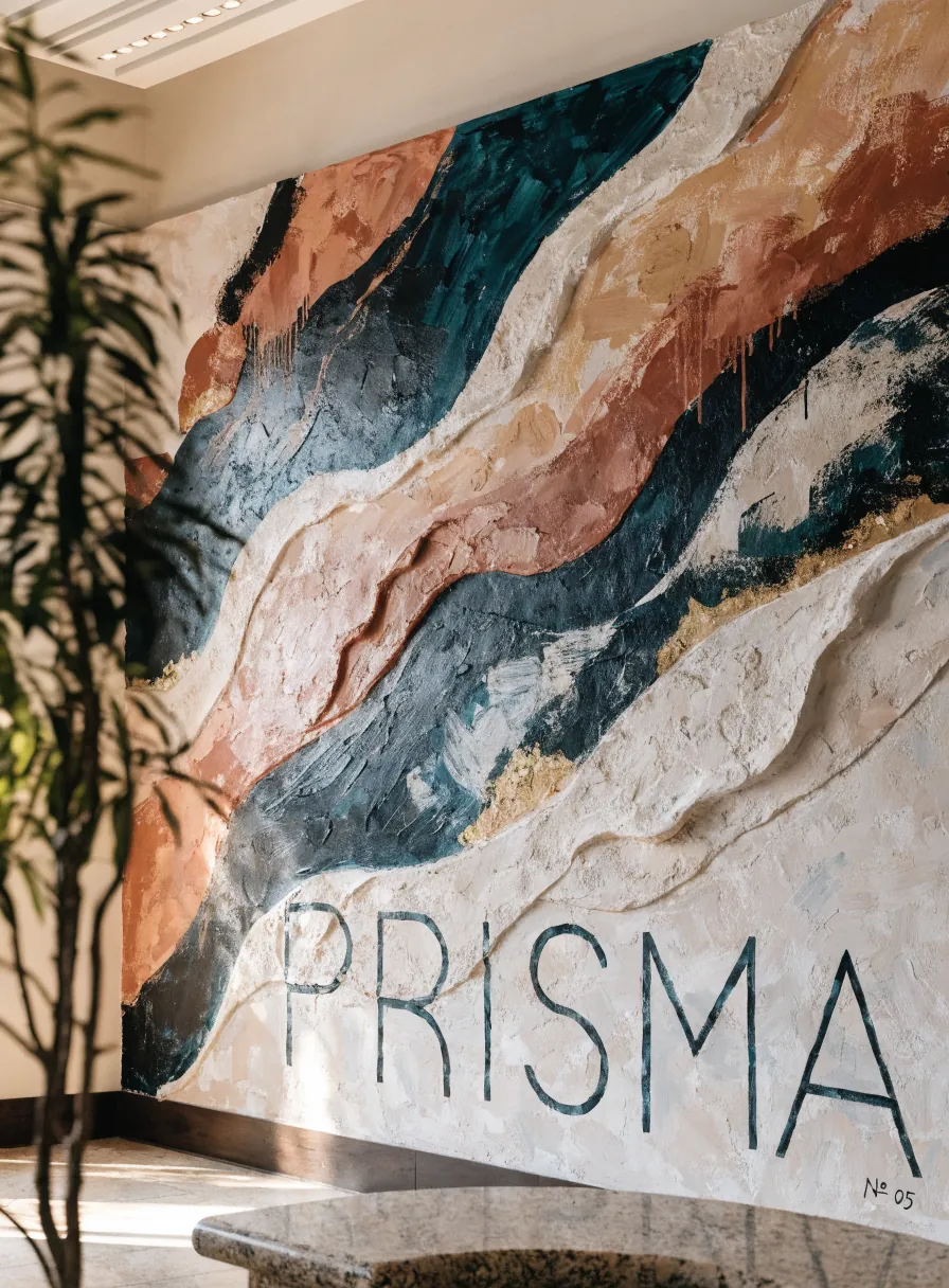 mural en relieve de pasta y color en tonos terracota y azul con la palabra PRISMA número 05 en la parte baja