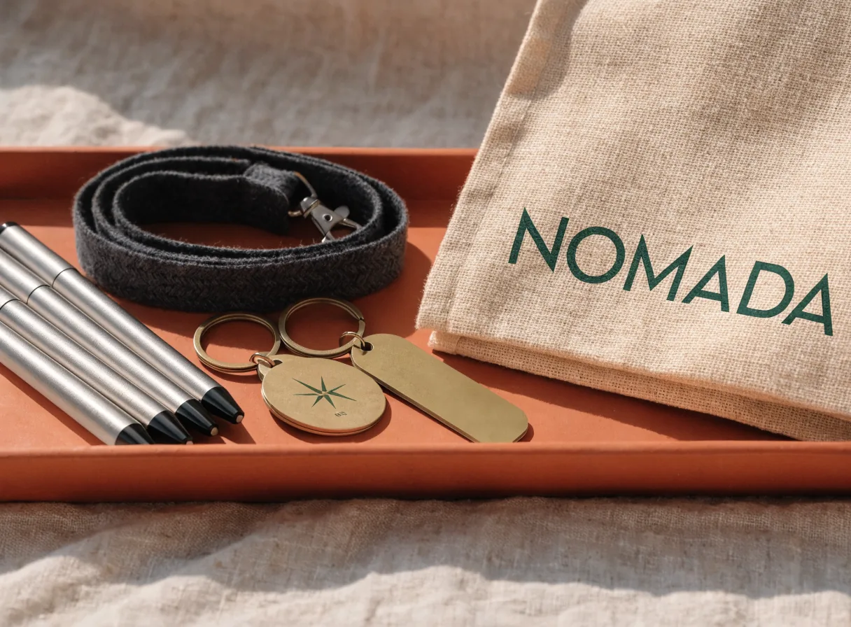 charola de terracota con plumas de aluminio, un lanyard tejido y llaveros de latón junto a un tote de lona con la marca ficticia Nómada serigrafiada en verde