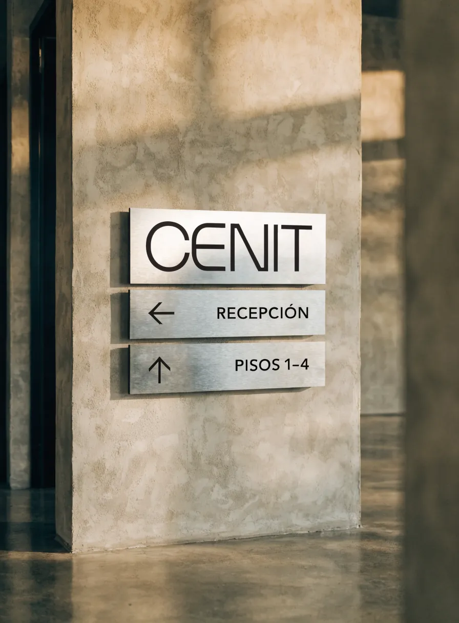 directorio de acero cepillado con la marca ficticia CENIT y los rótulos Recepción y Pisos 1 a 4 con flechas, montado en un muro de concreto pulido