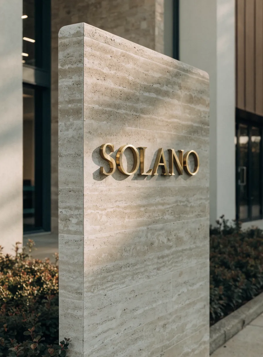 monolito de piedra travertino a la entrada de un corporativo con letras de latón montadas al frente