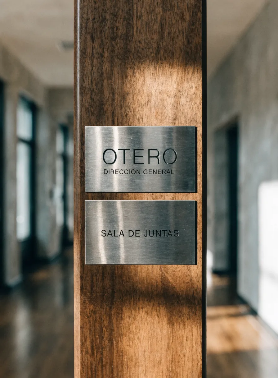 dos placas de acero inoxidable cepillado grabadas con el nombre de una empresa ficticia y los rótulos de las salas, montadas en una columna de nogal