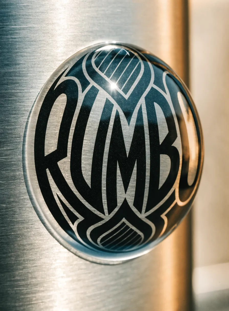 sticker de domo en resina brillante con el emblema Rumbo abombado, pegado sobre una superficie de metal cepillado