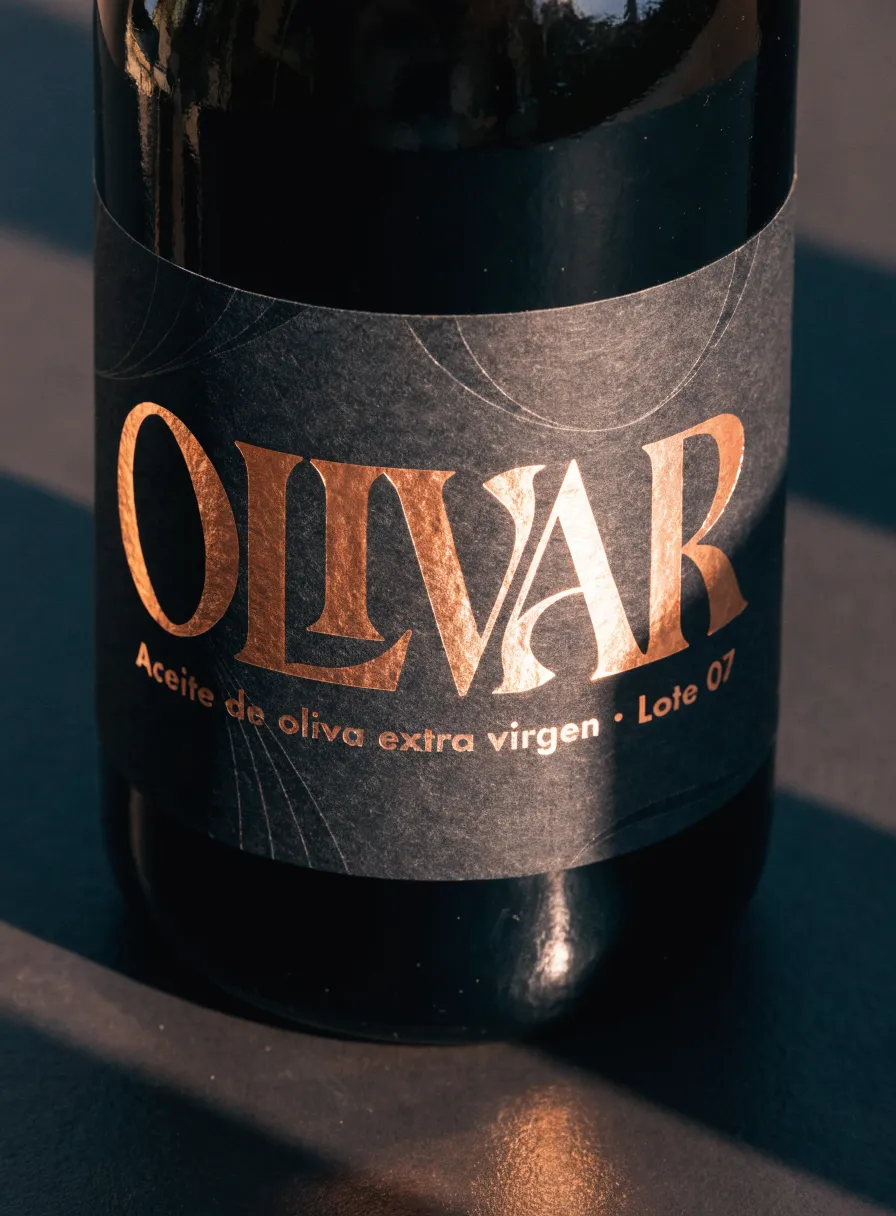 etiqueta de papel texturizado sobre botella oscura de aceite Olivar, con la marca en foil cobre y el texto Aceite de oliva extra virgen Lote 07
