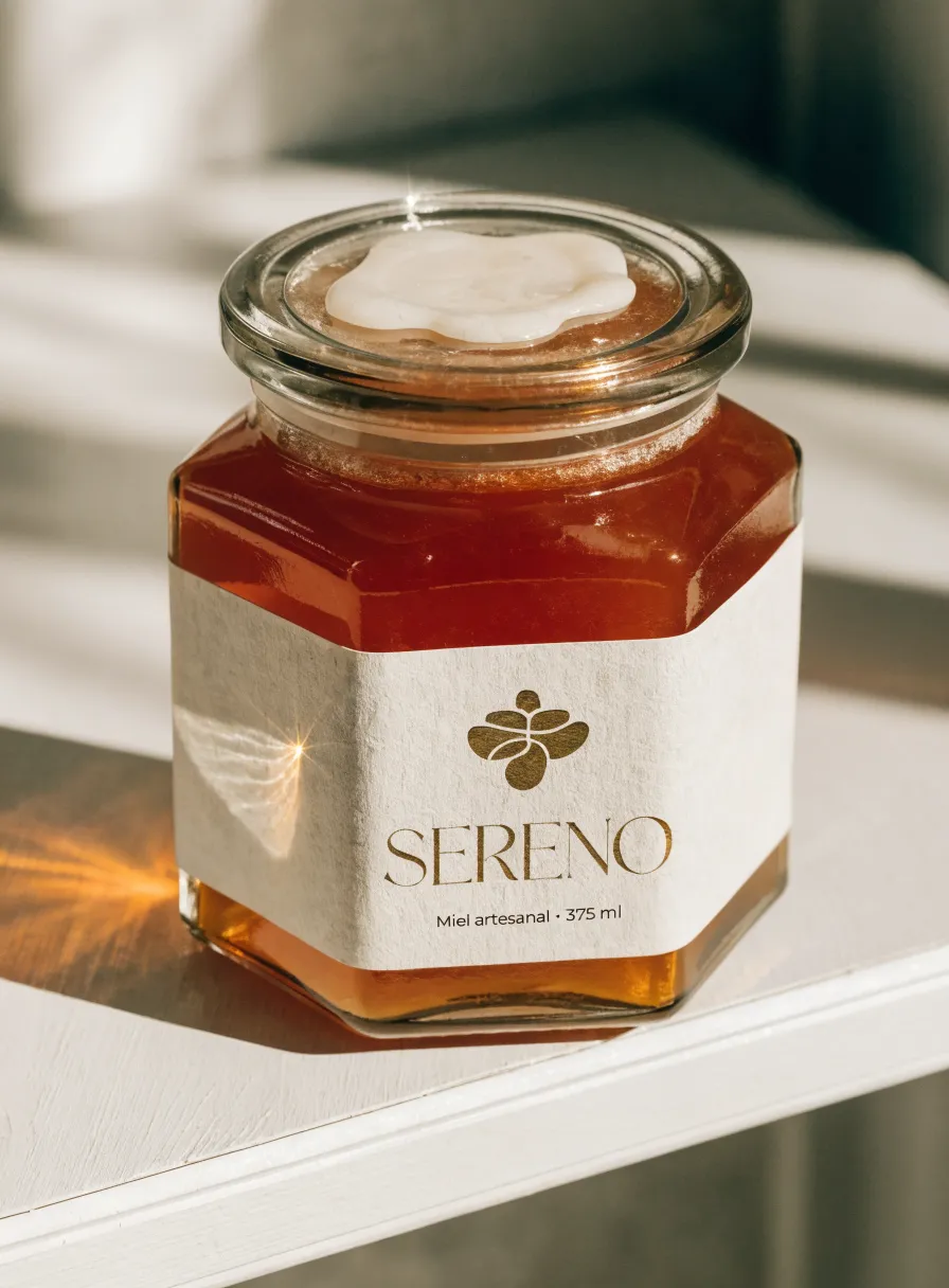 frasco hexagonal de miel Sereno con etiqueta de papel algodón, emblema de abeja en foil dorado y barniz, bajo luz cálida de repisa